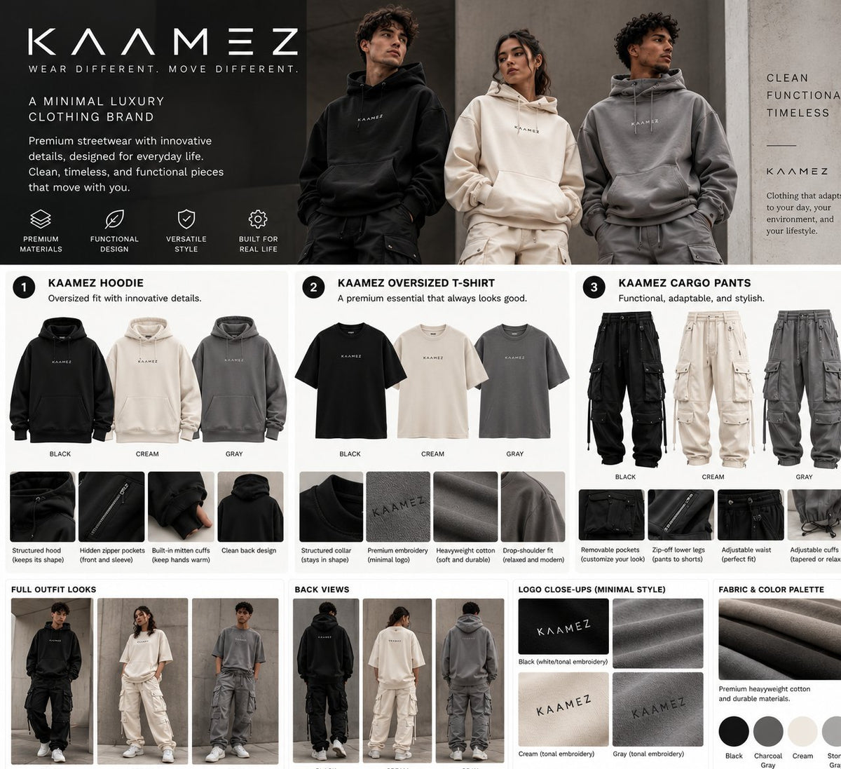 KAAMEZ concept lookbook with proposed tees, hoodies and trousers; not a confirmed product catalog