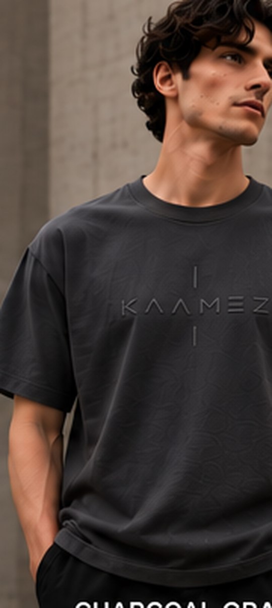 Concept mockup — KAAMEZ Essential Tee 001 in Dark Charcoal; final production details pending