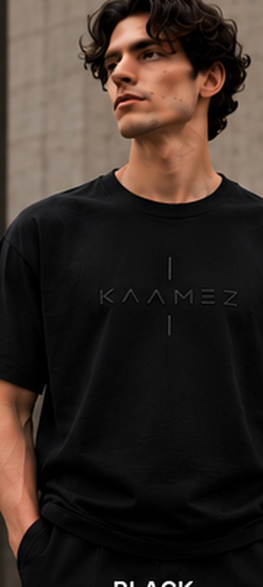 Concept mockup — KAAMEZ Essential Tee 001 in Deep Black; final production details pending